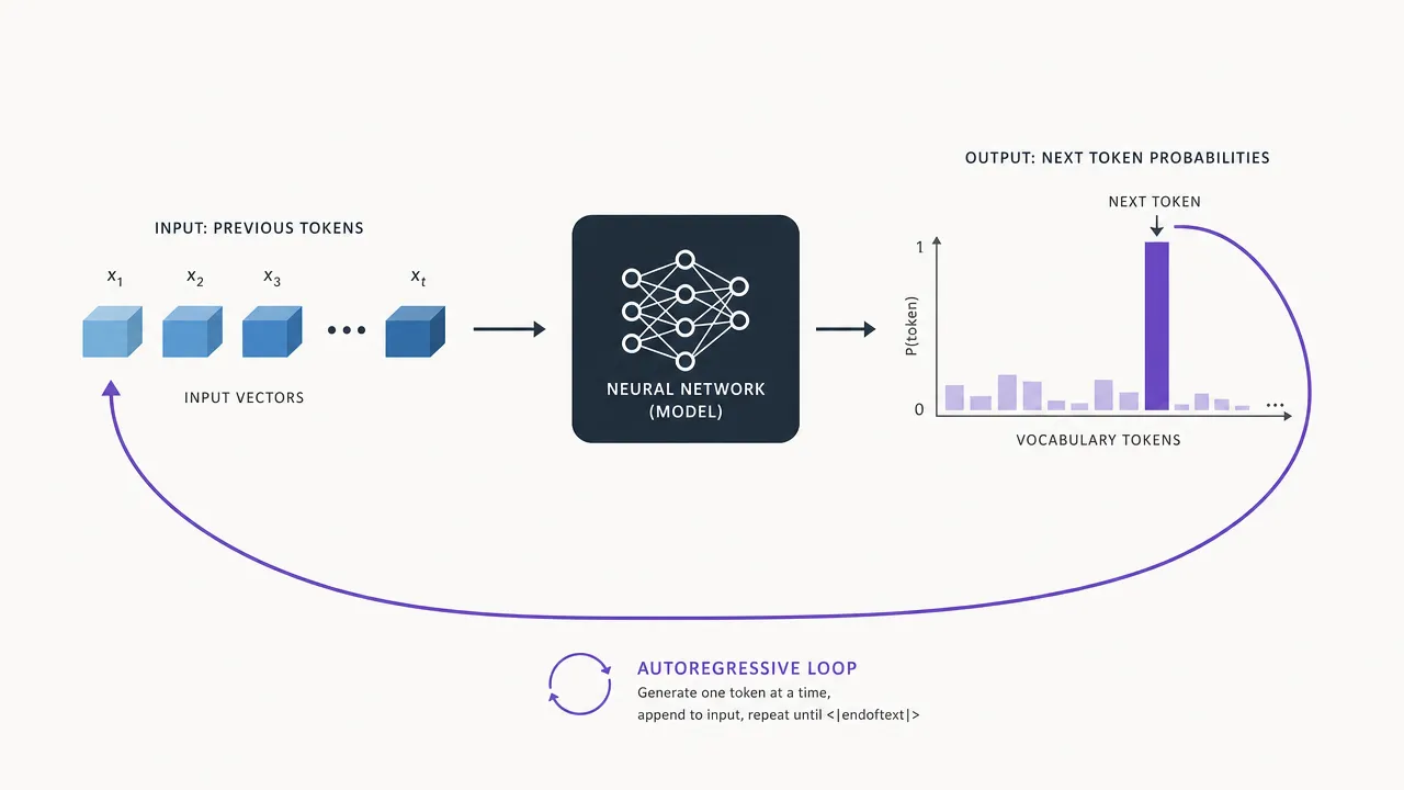 Token IDs flow into the trained transformer, which outputs one probability distribution over the entire vocabulary for the next token.