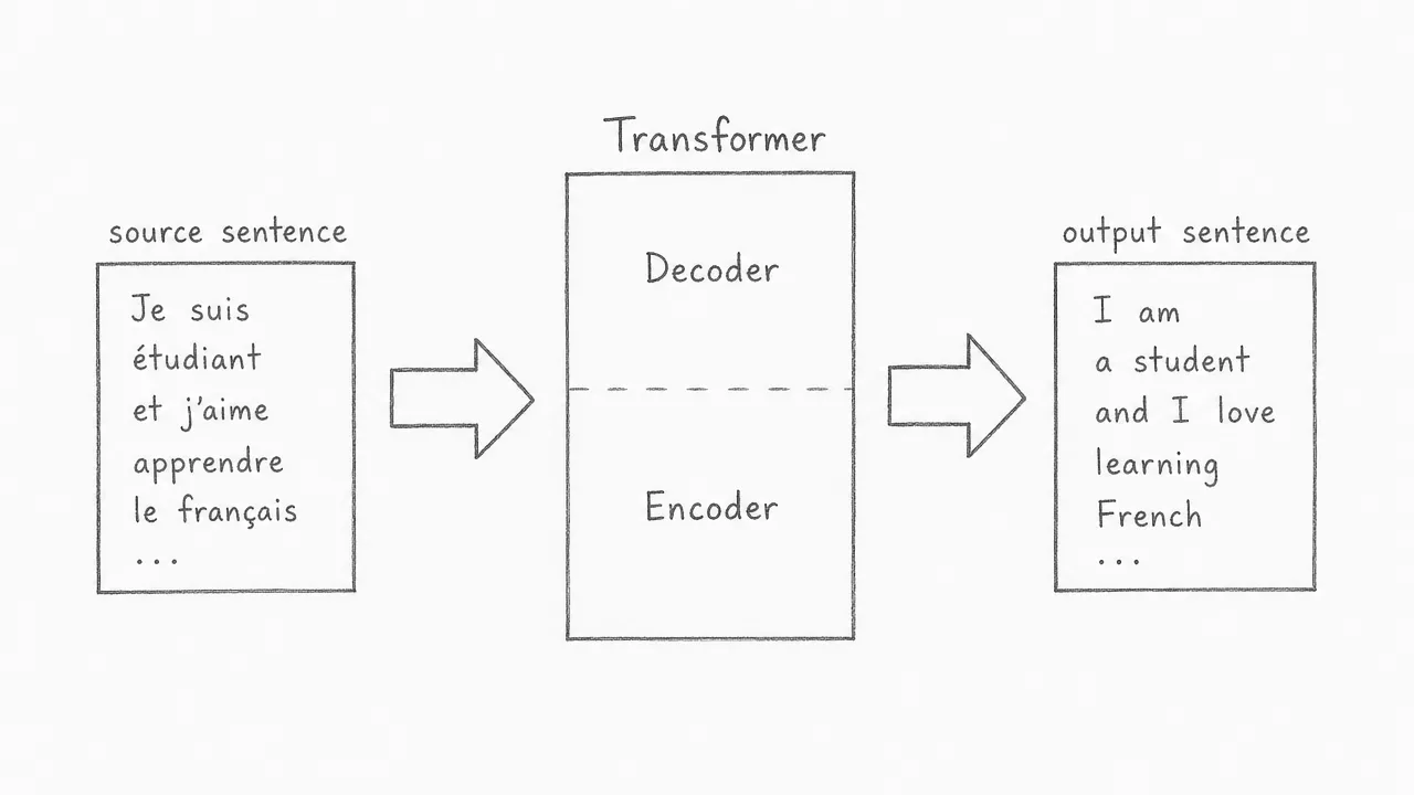A source sentence in French enters the Transformer block and exits as a translated sentence in English.