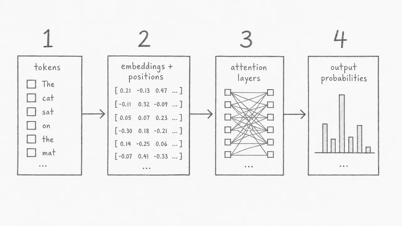 A four-stage pipeline: tokens become embeddings with positions, pass through attention layers, and produce output probabilities.