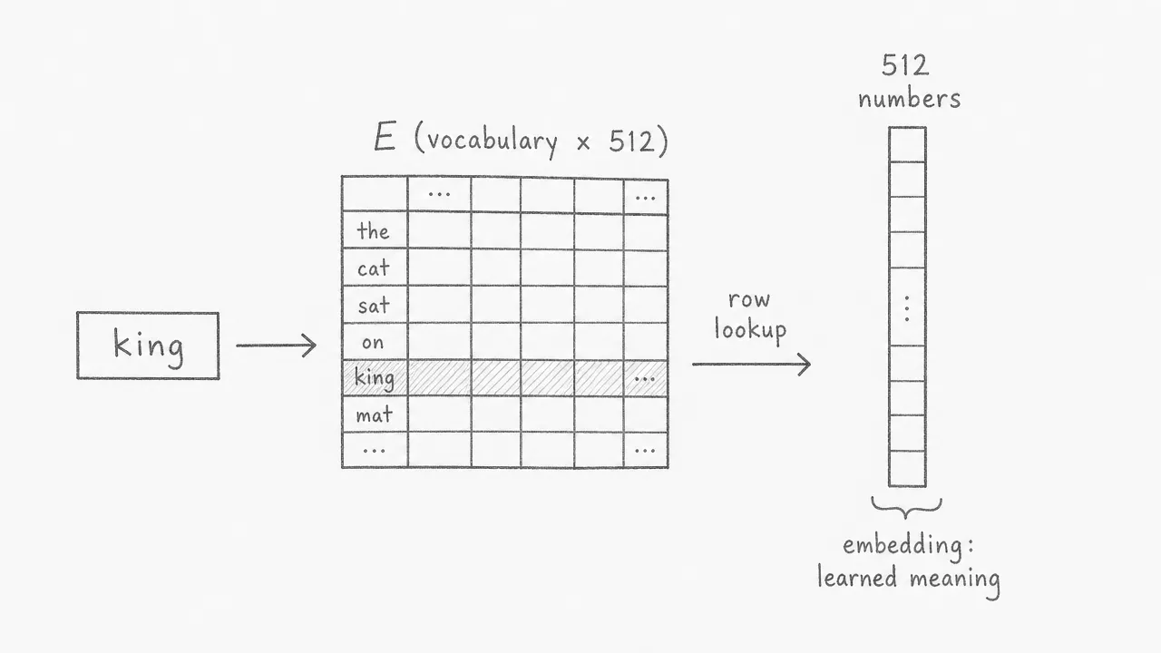 The word "king" is looked up in the embedding matrix E, retrieving a row of 512 numbers that represents its learned meaning.