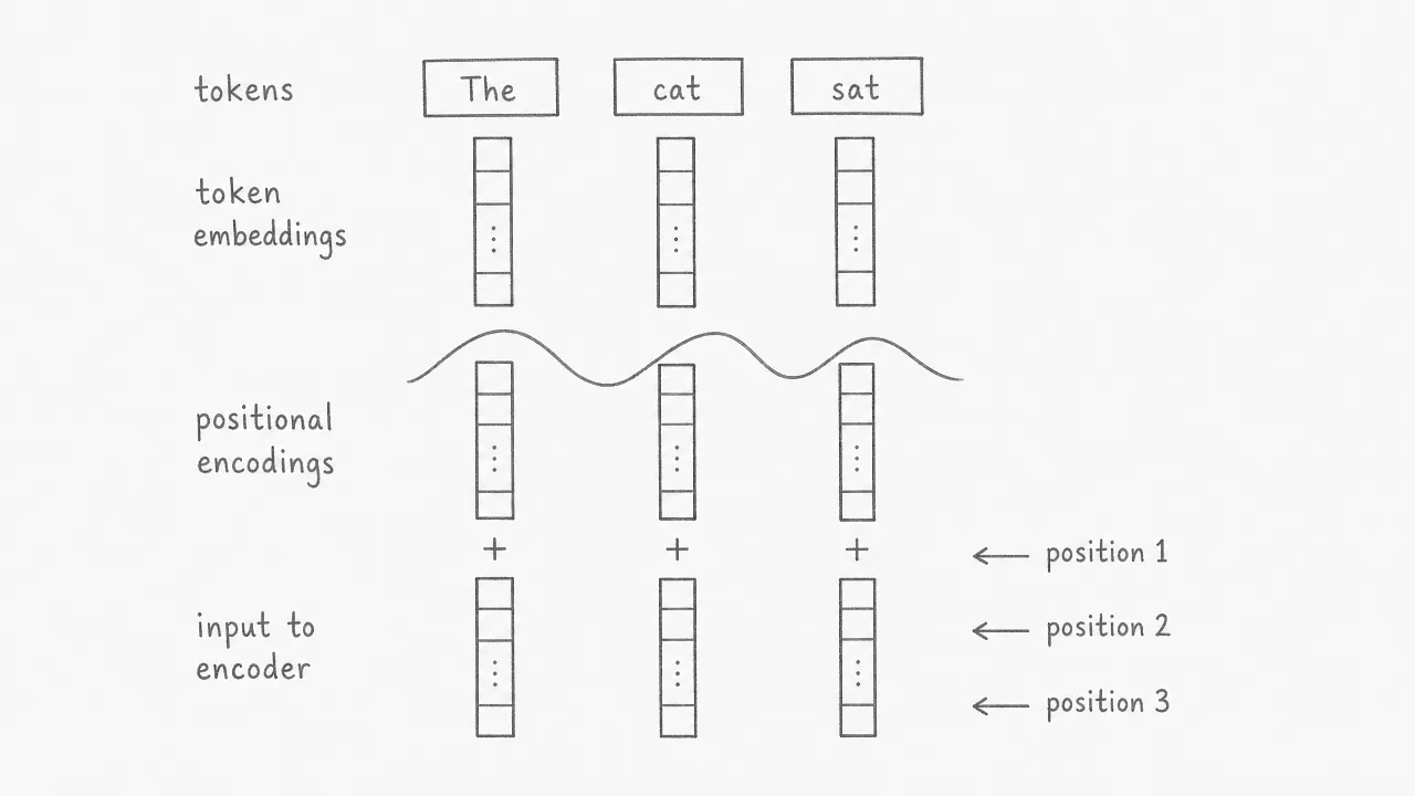 Three tokens (The, cat, sat) each receive a token embedding and a positional encoding, which are added together to form the input to the encoder.