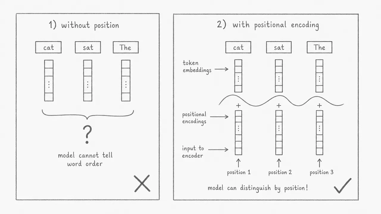 Two panels: without positional encoding the model cannot distinguish word order; with positional encoding each token is tagged with a unique position index.