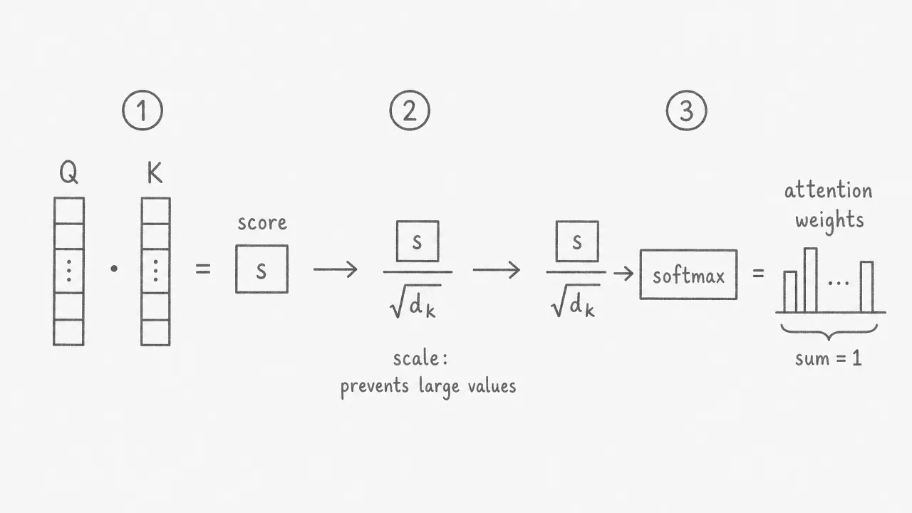 Q and K are multiplied to produce a score S, which is divided by the square root of d_k to prevent large values, then passed through softmax to produce attention weights that sum to 1.