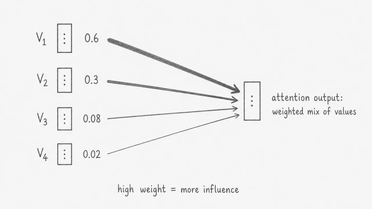 Four value vectors V1 to V4 with weights 0.6, 0.3, 0.08, and 0.02 are combined proportionally into a single attention output vector.