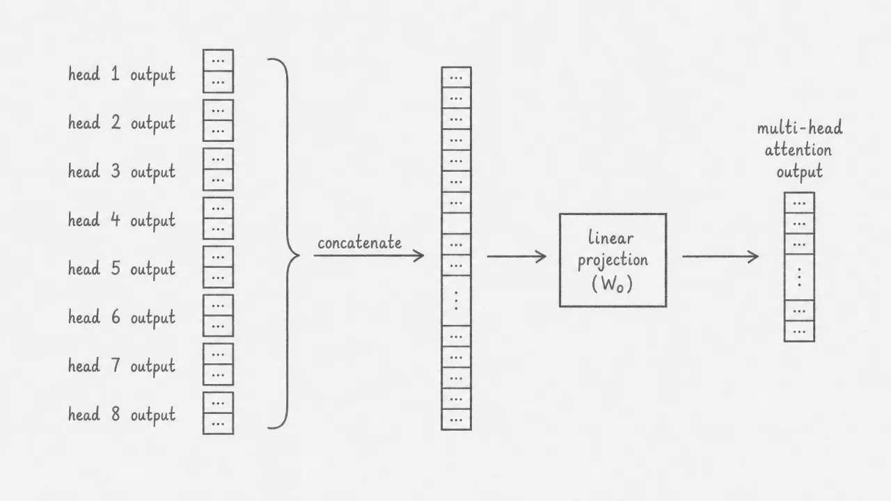 Eight head output vectors are grouped by a bracket labeled concatenate, forming one tall vector, which passes through a linear projection box W_O to produce the multi-head attention output.