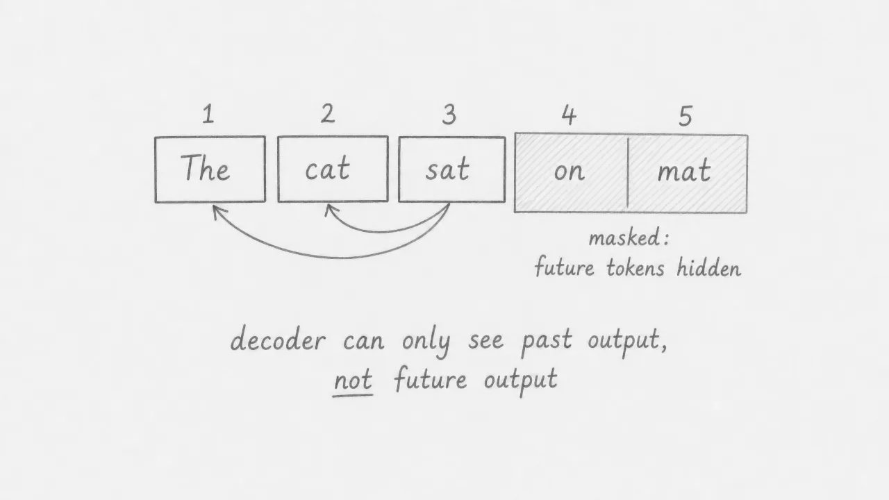 Five output tokens (The, cat, sat, on, mat). Tokens at positions 4 and 5 are covered by hatching labeled masked: future tokens hidden. Arcs from sat attend back to The and cat only. A note reads: decoder can only see past output, not future output.